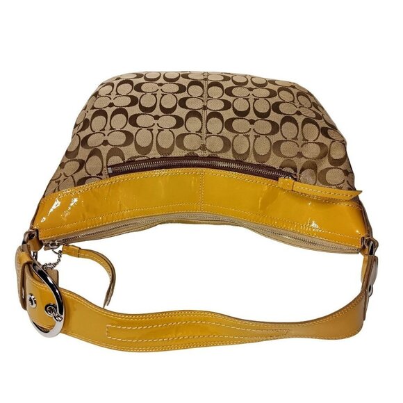 Coach Tan/Brown Signature Canvas Hobo Bag With Mustard Yellow Patent Leather Tri - Picture 13 of 13